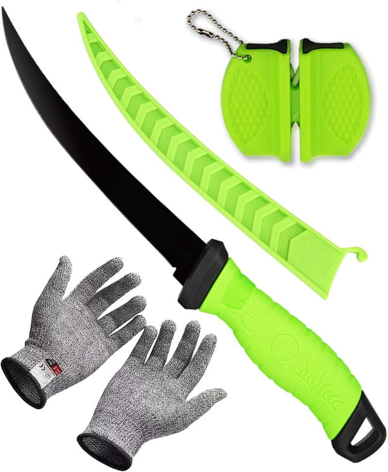 HOWORR Fillet Knife, 7 Inches Professional Filet Knife for Fish, Stainless Steel Blade Fishing Knifes with Sharpener and Cutting Resistant Gloves, Fishing Stuff, Fishing Accessories, Green - Image 1